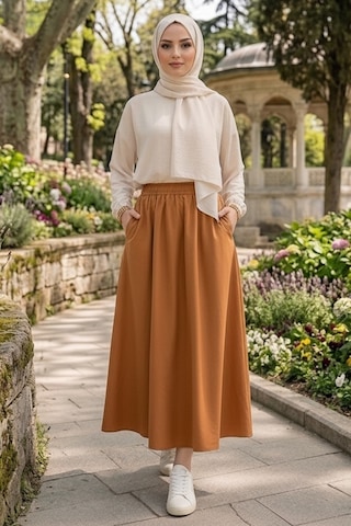 Bestenur Cepli Beli Lastikli Poplin Etek 1727 - Taba