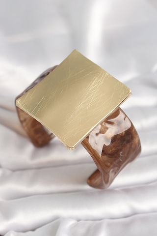 Kahverengi Mermer Desen Akrilik Plastik Gold Kare Plaka Model Vintage Kadın Bilezik - Lisinya Açık Pembe