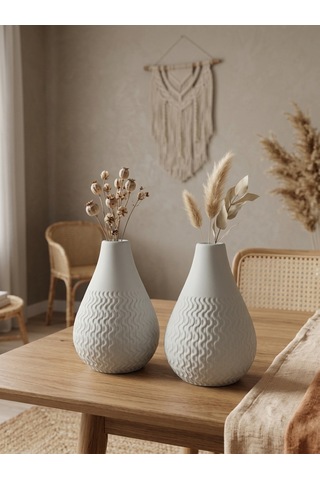 Kaveld Vela 2'li El Yapımı Mermer Tozu Vazo, Armut Form Minimalist Kuru Çiçek Vazоsu Kul