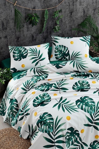 Baskılı Pike Takımı Çift Kişilik Monstera Yeşil Yeşil