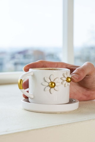 Rivaistanbul Gold Papatya Amore El Yapımı Seramik Double Kahve Fincanı Mug Kupa Krem