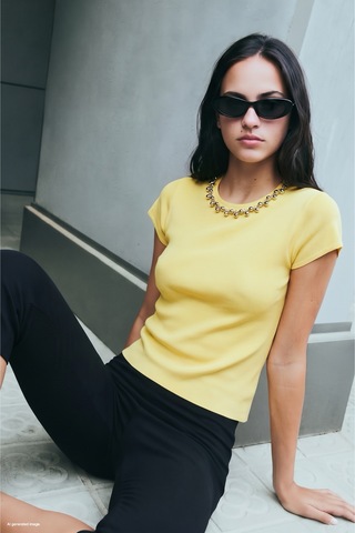 Sateen Kolyeli Kısa Kol Triko - Sarı-137950