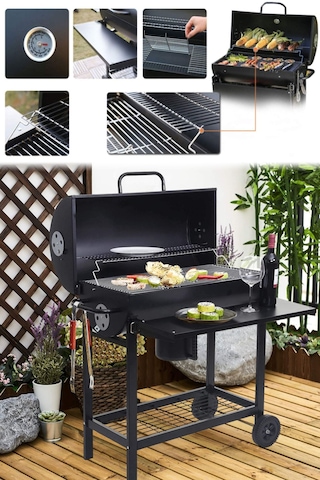 Varil Tip Büyük Kömürlü Mangal Kapaklı Termostatlı Tekerlekli