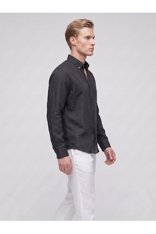 Plus Scorpion Erkek Keten Müslin Gömlek Slim Fit Düğmeli Yaka Uzun Kollu Yazlık Gömlek Siyah