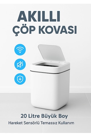20l Akıllı Sensörlü Çöp Kovası Uv Işık Koku Geçirmez Mutfak Banyo Ofis İçin Beyaz