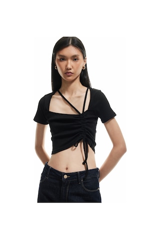 Koton Slim Fit Büzgülü Bağlama Detaylı Kısa Kollu Kare Yaka Fitilli Crop Tişört Siyah 5sak50372ek Siyah