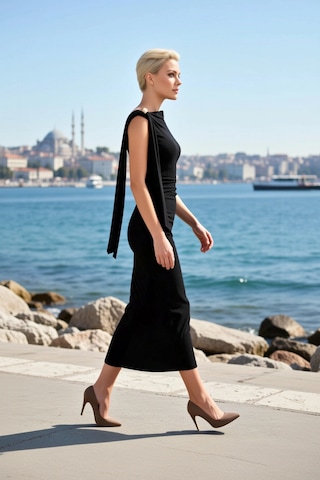 Benerly Kadın Maxi Bodycon Asimetrik Yaka Tek Uzun Kol Detaylı Örme Esnek Siyah