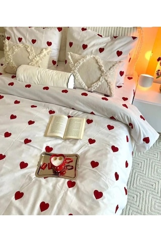 Tek Kişilik Desenli Nevresim Takımı Lastikli Çarşaf Ve 1 Yastık Kılıfı Kırmızı-beyaz