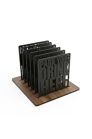 Doalino Premium Ahşap Bardak Altlığı Seti 6'lı Stantlı Park Your Drink Here Siyah