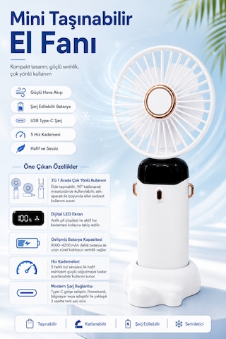 Estone Es-9400 Dijital Ekranlı Katlanabilir Mini Fan El / Masa / Boyun Tipi