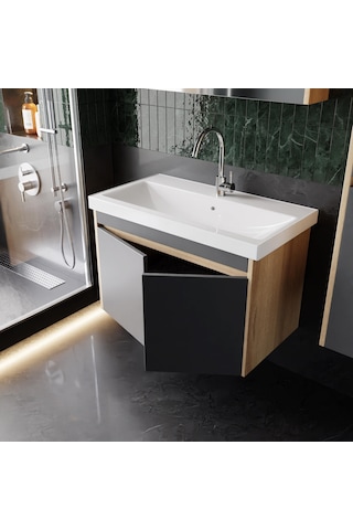 Karen Banyo Dallas 80 Cm Lavabolu, Aynalı Banyo Dolabı, Lavabo Dahil, Boy Dolabı Dahil, S.meşe-Antrasit Antrasit