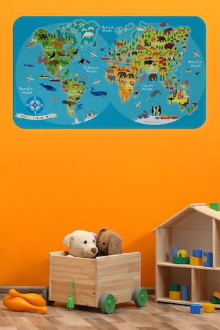Eğitici Dünya Haritası Dünya Atlası Çocuk Ve Bebek Odası Duvar Sticker -60x105-3805 Çok Renkli