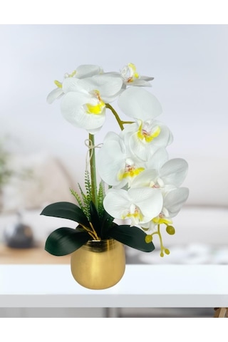 Yapay Çiçek Beyaz Islak Orkide Gold Metal Saksıda Seramik Saksıda Orkide 60cm