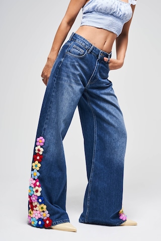 Itsbasic Kadın Mavi Renk 2w5-5 Palazzo Fit Renkli Çiçek Örgü İşlemeli Özel Tasarım Denim Jean