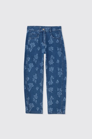 Panço Kız Çocuk Çiçek Desenli İndigo Kot Pantolon Mavi