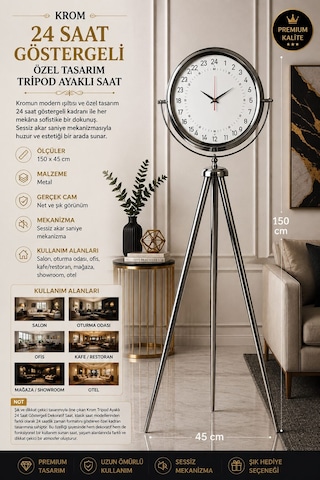 Krom 24 Saat Göstergeli 150 X 45 Cm Metal Özel Tasarım Tripod Ayaklı Saat