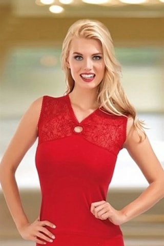 Dantelli Floklu Kravize Kolsuz Modal Kadın Bluz Elestan Kırmızı