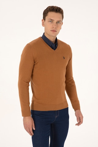 U.S. Polo Assn. Erkek Slim Fit V Yaka Camel Basic Triko Kazak 50313662-VR233