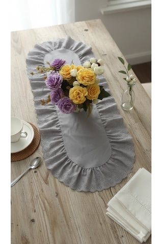 Fırfırlı Fistolu Duck Keten Oval Runner & Dekoratif Örtü &sehpa Örtü 35x65 Cm Gri
