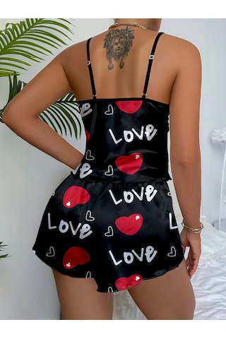 Aşk Temalı Kalp Desenli Siyah Saten Şortlu Gecelik Takım Siyah