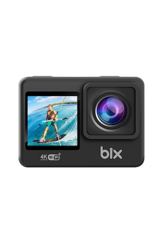 Bix Pulse 1 Wi-fi 4k 30fps Ultra Hd Aksiyon Kamerası Çift Ekranlı 30 Metre Su Geçirmez Kılıflı Vlog Bisiklet Motosiklet Kask Kamerası Siyah
