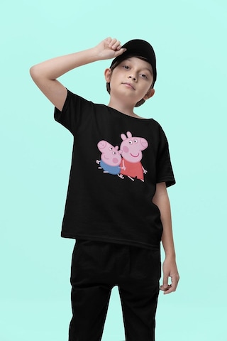 Sevbano Peppa Pig Baskılı Unisex Çizgi Film Çocuk Tişört 1-12 Yaş Siyah