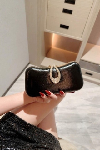 Famels Lüks Model Yeni Özel Kilit Açmalı Taşlı Abiye Çanta Kol Ve El Çantası Siyah