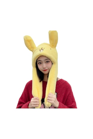 Sevimli Hareketli Kulaklı Kadınlar İçin Yumuşak Tavşan Desenli Peluş Kış Şapkası Sarı