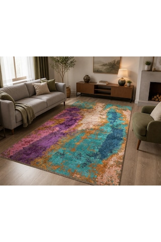 Hoom Rugs Arkaik Plz 01 Eflatun Etnik Renkli Vintage Makine Halısı Çok Renkli