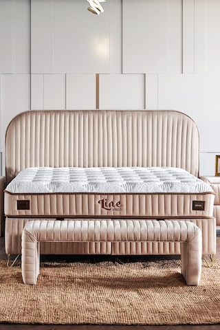 Line Visco Lüks Yatak Baza Ve Başlık Seti 200x200 Cm Çift Kişilik Yatak, Baza Ve Başlık Takımı Krem