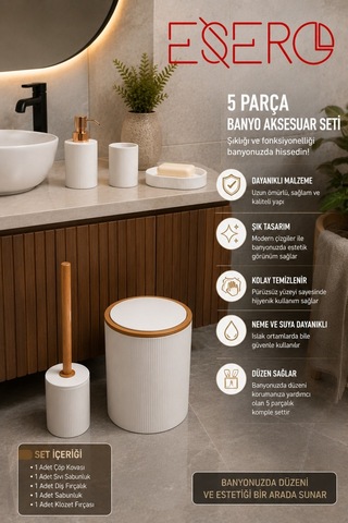 5'li Banyo Aksesuar Seti Lüks Beyaz Banyo Takımı Çöp Kovası Klozet Fırçası Diş Fırçalık Sabunluk