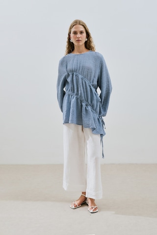 Büzgü Bağlamalı Dokulu Tunik Mavi Mavi