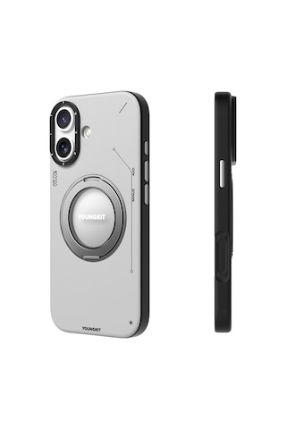 Apple Uyumlu iPhone 17 Kılıf M-safeli 360 Derece Standlı Basit Mat Deri Desenli Youngkit Tech Leather Kapak Gri Gri