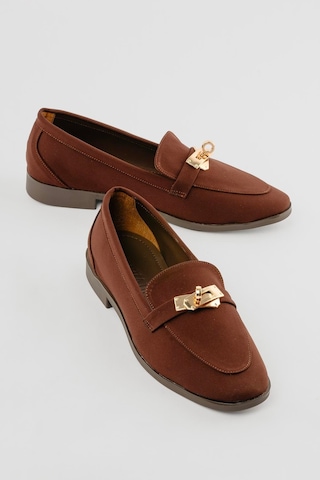 Kadın Nubuk Loafer Gold Tokalı Günlük Ayakkabı Elna Kahverengi Kahverengi