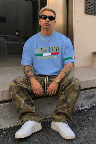 Tarz Cool Erkek Regular Baskılı Tişört Mexico Yazılı %100 Pamuk Rahat Kesim T-shirt Mavi