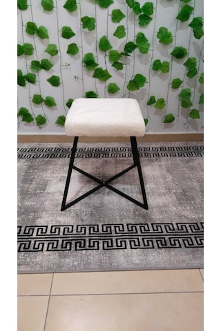 Özcan Metal Metal Puf Teddy Kumaş Dekoratif Çok Amaçlı Peluş Puf Tabure Bench Koltuk Sandalye Beyaz