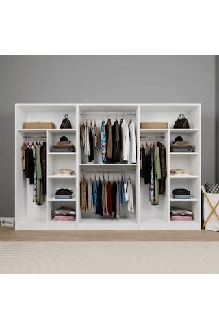 Lucas 6 Kapaklı 10 Raflı Elbise Dolabı - Gardırop Seti Beyaz 282 Cm Beyaz