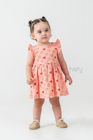 Hafy Baby Fırfır Kollu, Kırmızı Kalp Desenli, Yazlık Kız Çocuk / Bebek Elbisesi Yavruağzı