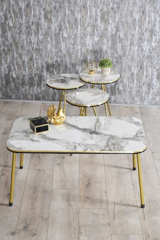 Zigon Sehpa Ve Orta Sehpa Kr Set Çift Gold Metal Beyaz Mermer Desen