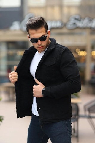 E-fendi Erkek Kürklü Denim Kot Mont Kışlık Sıcak Ve Şık Dış Giyim Siyah - Siyah