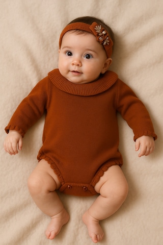 Babyhola Kız Bebek Triko Bandana Badi 2'li Set Yenidoğan Konsept Çekim Kostümü 9000 Turuncu