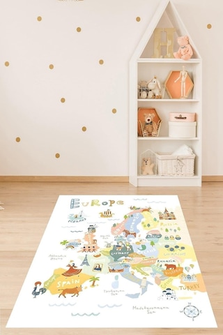 Pelangi Dünya Haritası Eğitici Yıkanabilir Kaymaz Taban Leke Tutmaz Çocuk Odası Halısı, Beyaz-mavi 80 X 600 Çok Renkli