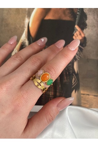 Vintage Renkli Oval Taşlı Çelik Kararmaz Ayarlanabilir Gold Yüzük