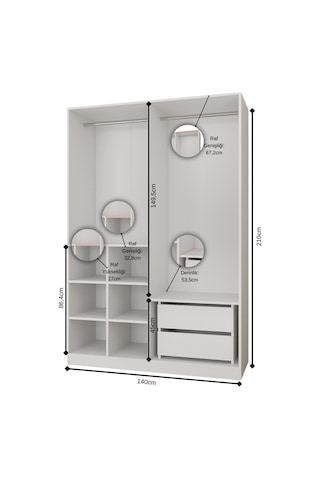 Aeka Ae-3191 Burç Aynalı 4 Kapaklı Çok Bölmeli Askılı Raflı Ve Çekmeceli 210x140x53cm Gardırop Sonomo - Sonomo