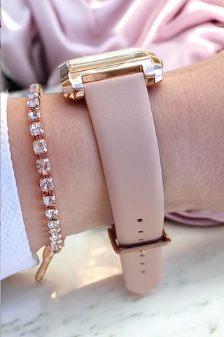 Pudra Deri Kayışlı Rose Gold Dikdörtgen Kasa Kadın Kol Saati, Taşlı Bileklik Hediyeli Rose Gold