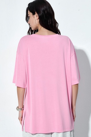 Hiccup Busem Yırtmaç Detaylı Bisiklet Yaka Kısa Kollu T-shirt Allık Pembe