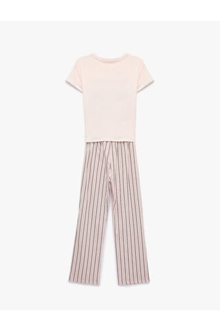 Koton Kısa Kollu Bisiklet Yaka Rahat Kalıp Baskılı Pijama Takımı Pembe 7wlk40179mk Gül