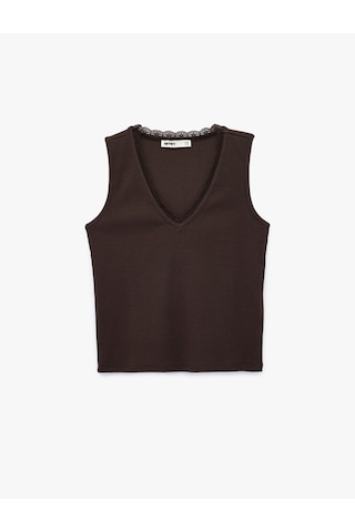 Koton Pamuklu Slim Fit Dantel Detaylı Fitilli Kolsuz V Yaka Bluz Kahverengi 6sak10386ek Kahve