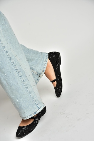 Fox Shoes U726628004 Siyah Kumaş Taş Detaylı Babet Siyah