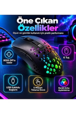 8000 Dpı Kablolu Oyuncu Mouse 6 Tuşlu Renkli Aydınlatmalı Usb Gaming Mouse Delikli 001